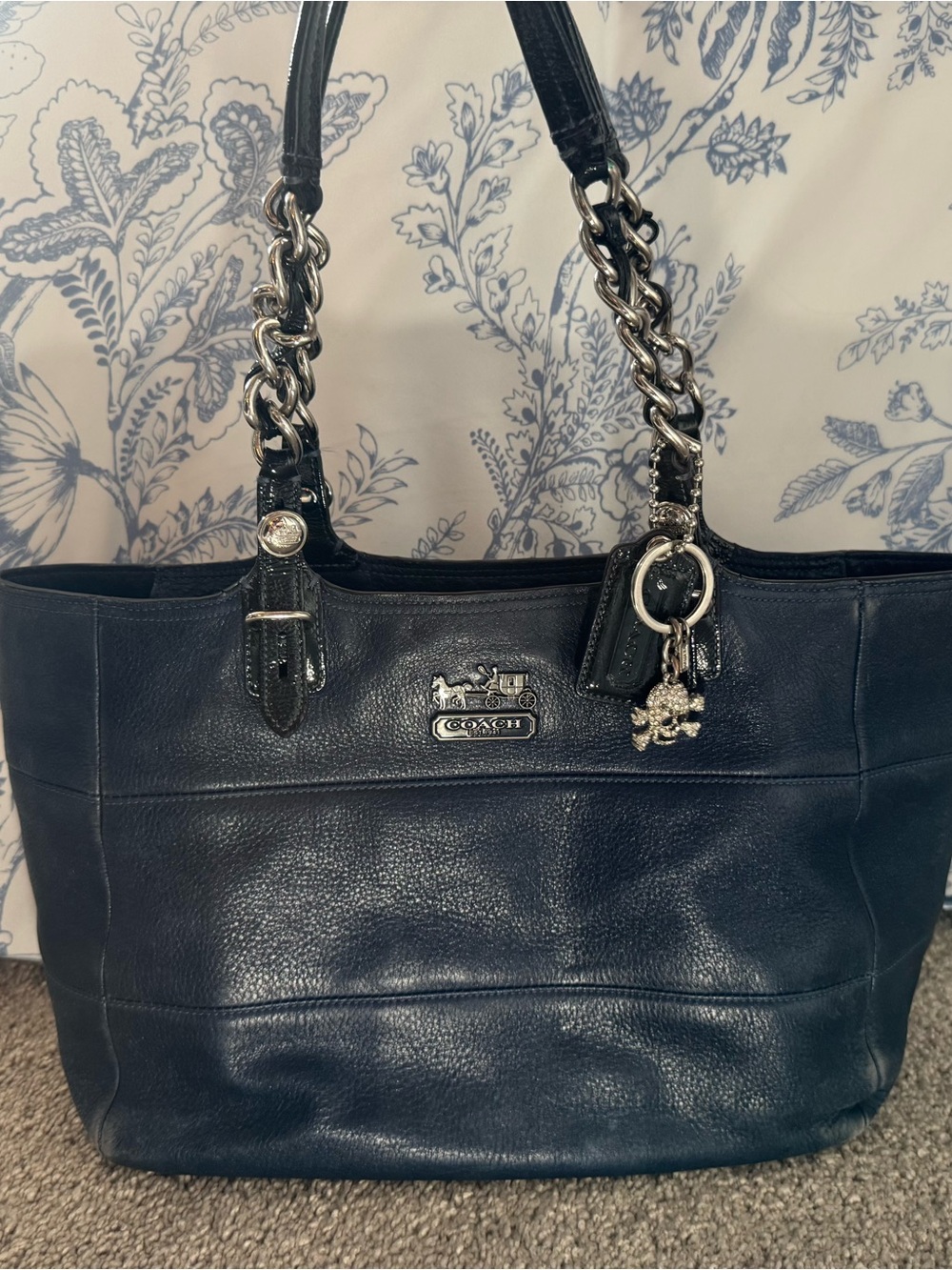 Coach Navy Blue Leather Patchwork Tote Bag + Rhinestone Skull Charm